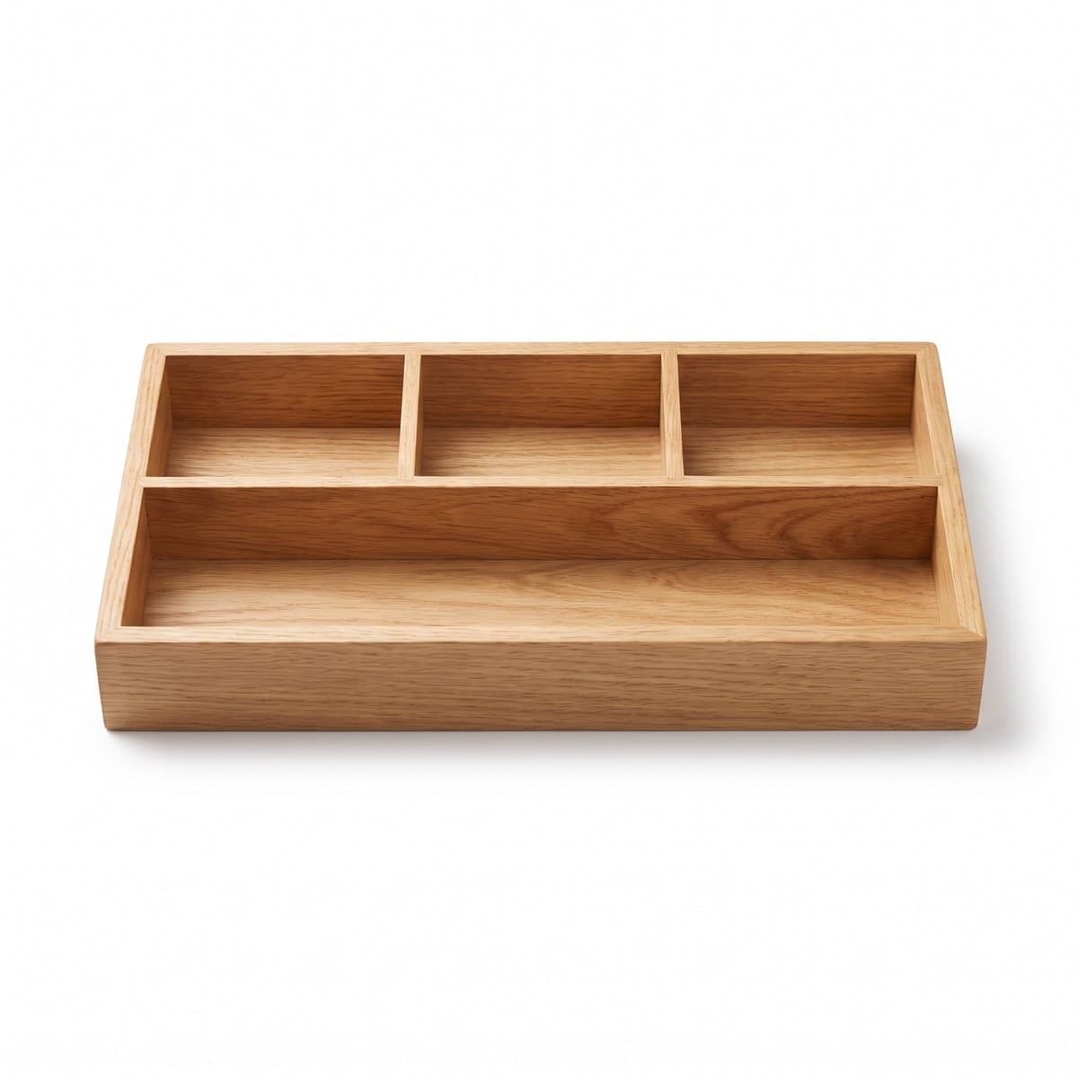 An empty oak desk tray with five divided compartments
