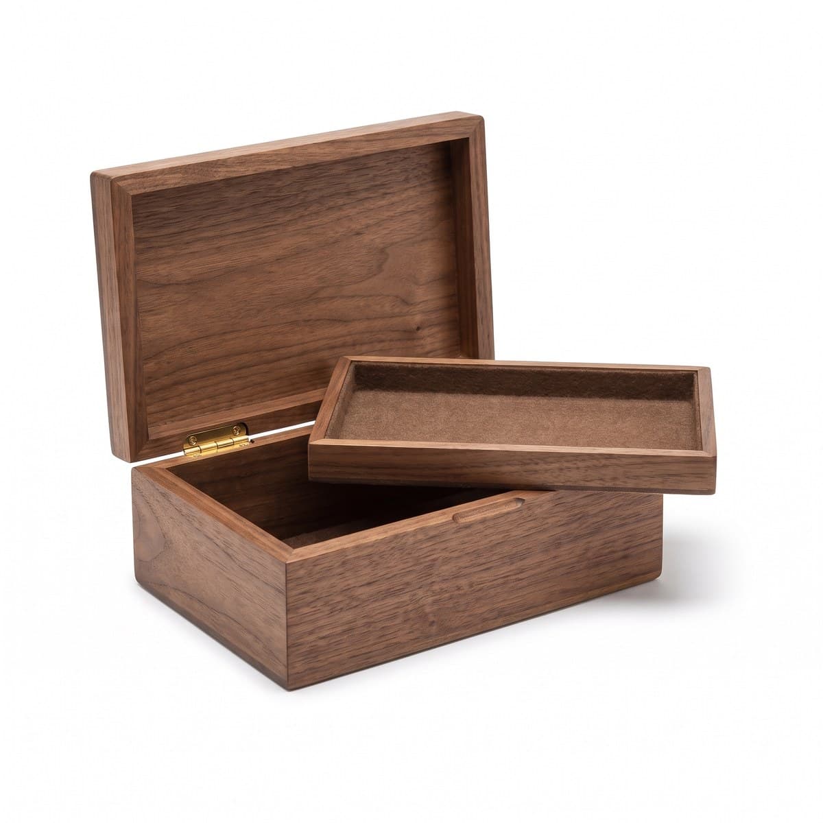 An open walnut keepsake box with a lined lift-out tray