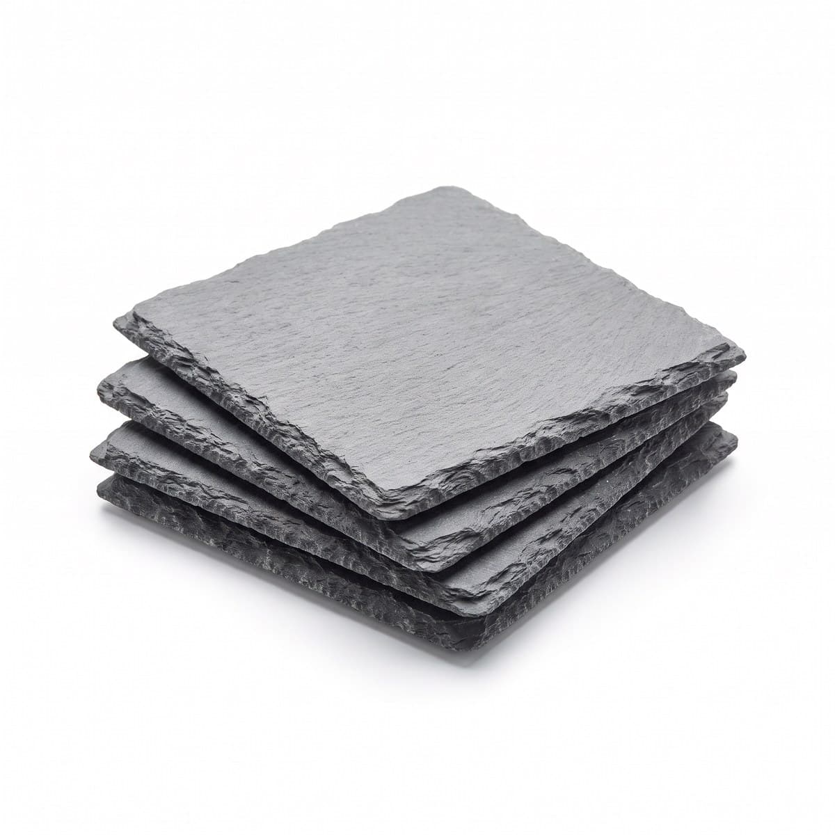 Four square grey slate coasters with chiselled edges, stacked and fanned