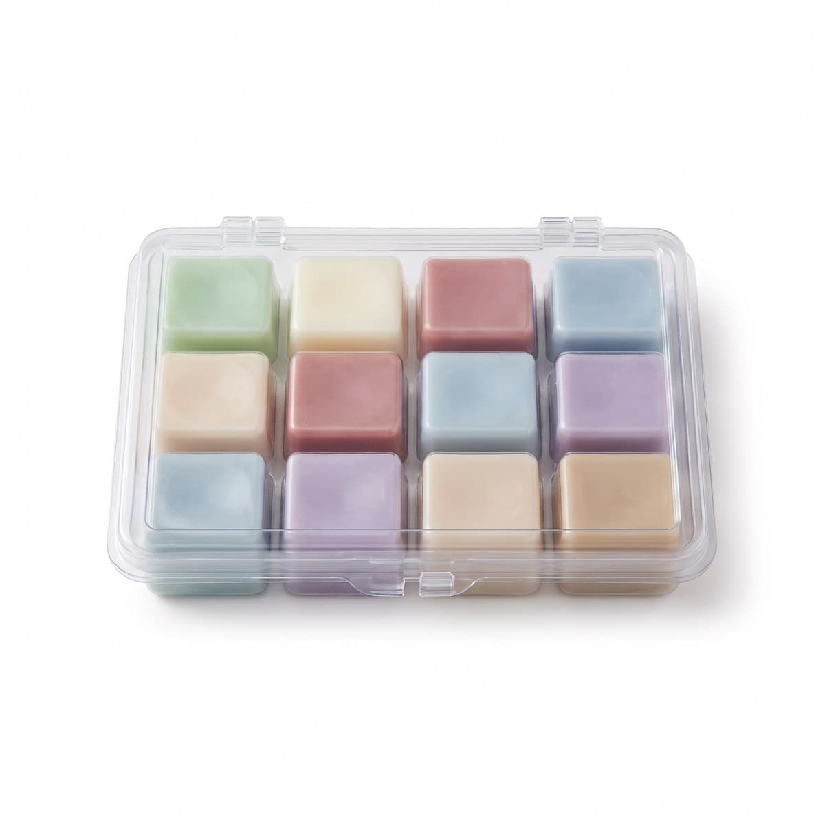 A snap-apart tray holding twelve soy wax melt cubes