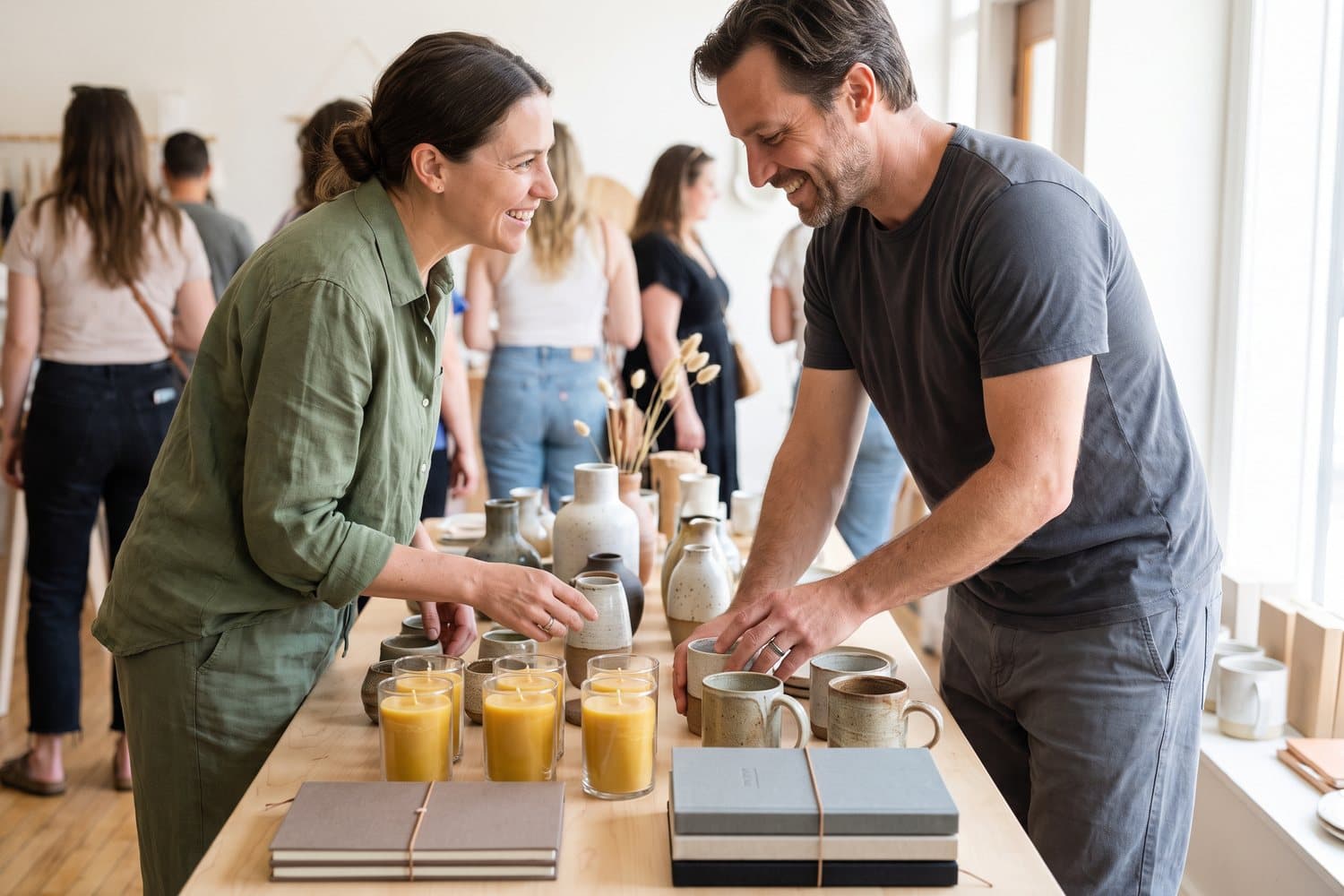 Two people in plain casual clothing choosing gifts at a bright shop table laid with ceramic vases, candles in glass jars, stoneware mugs and hardcover notebooks on pale wood