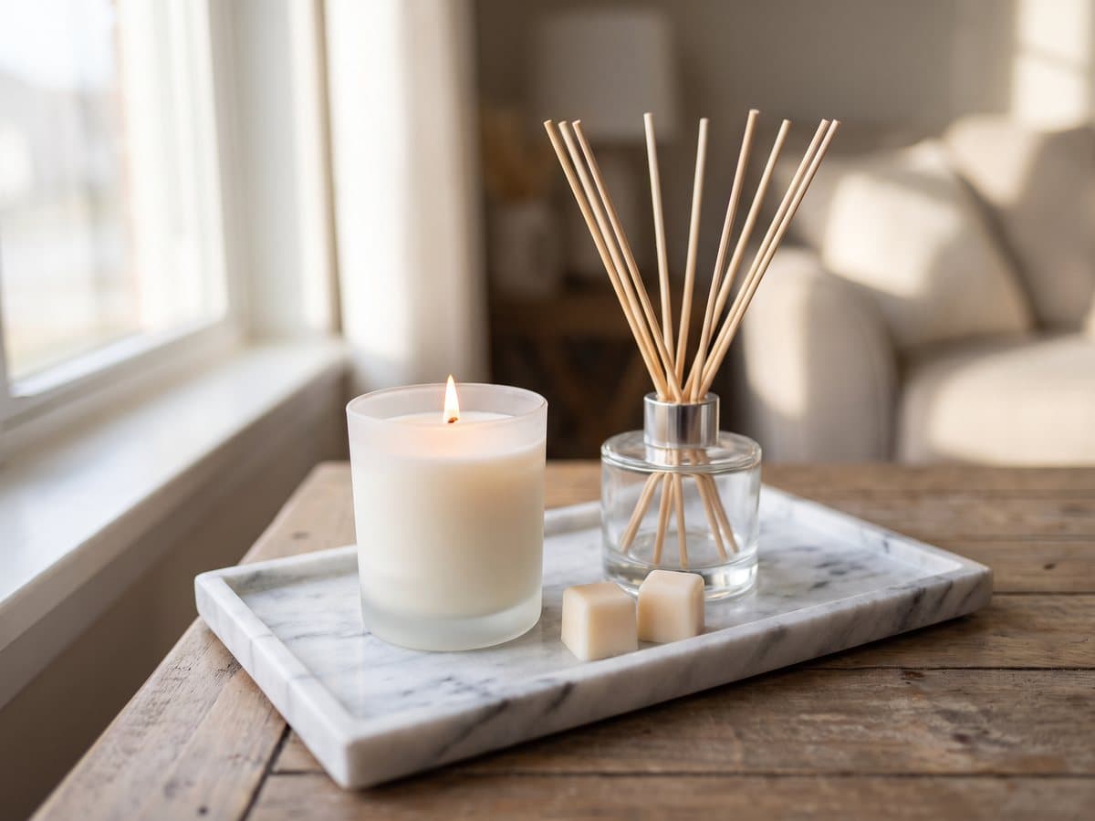 A lit soy candle in a frosted glass jar beside a reed diffuser with rattan reeds and two wax melt cubes on a marble tray in soft daylight