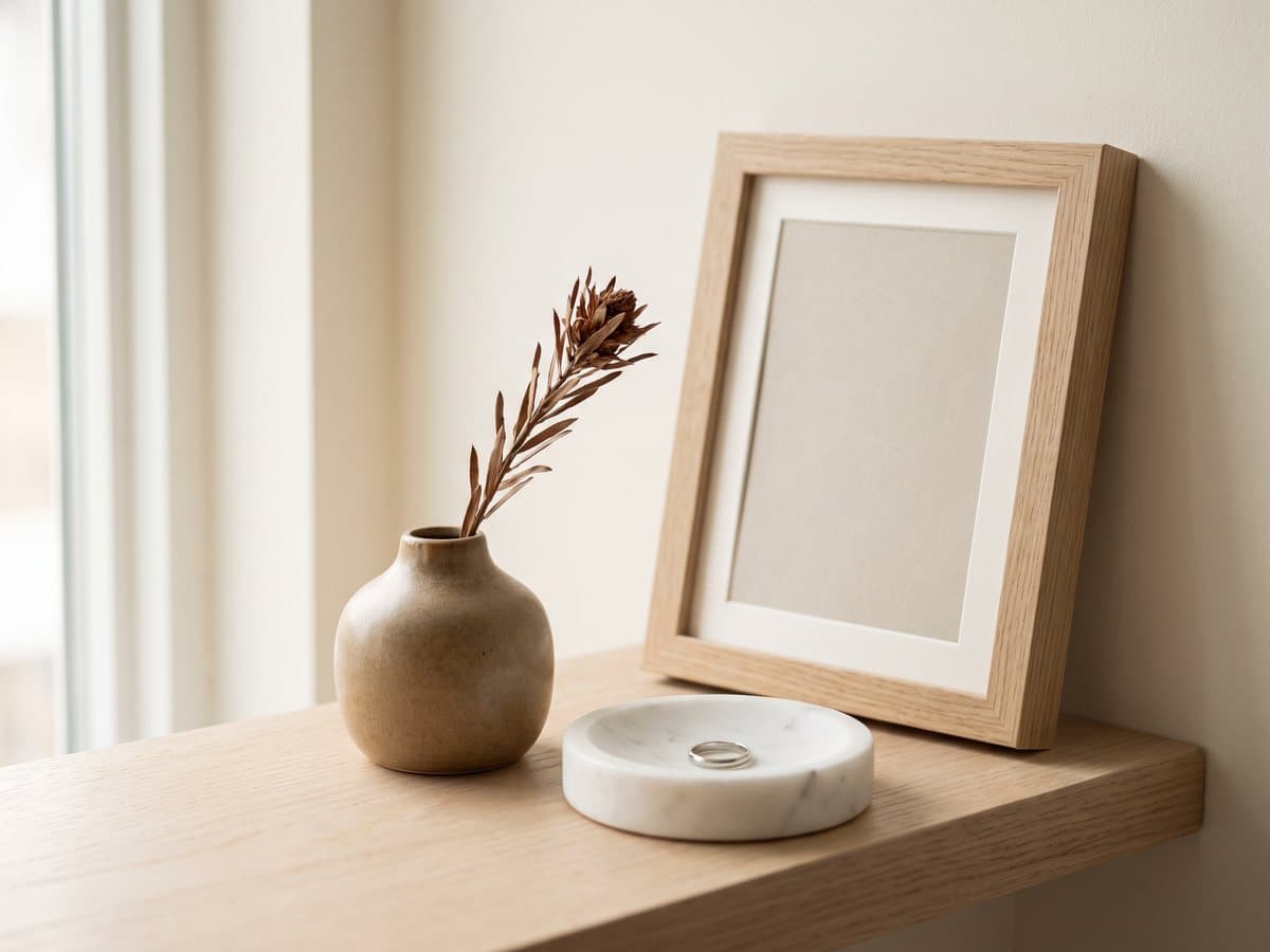 A ceramic bud vase with a dried stem and a marble trinket dish on a pale shelf in soft daylight