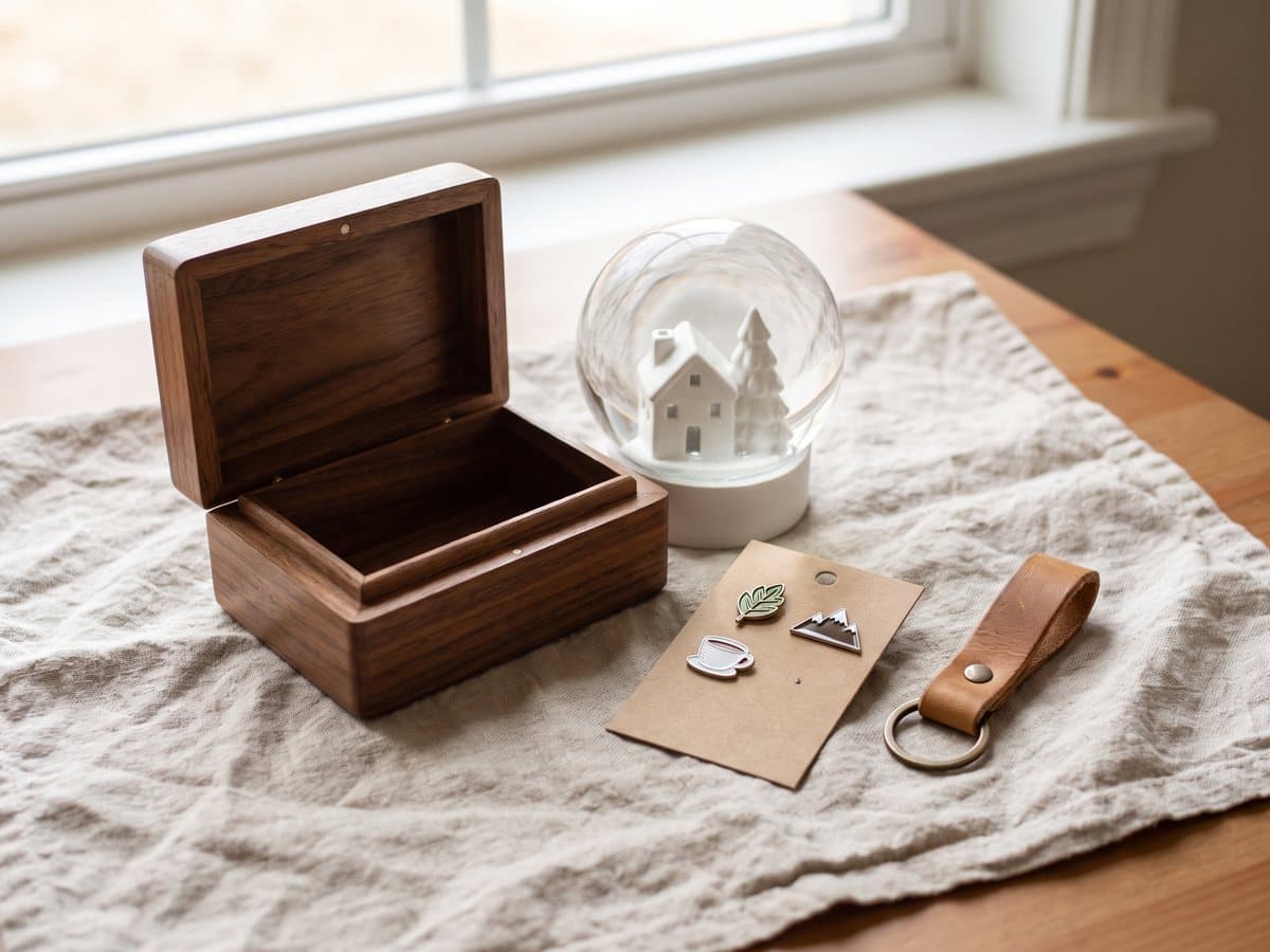 An open walnut keepsake box beside a glass snow globe and a tan leather keychain on a linen cloth